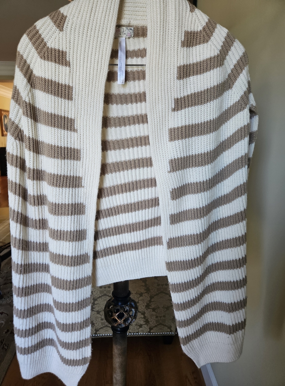 NWOT Free People Striped Shawl Collar Cardigan Sweater Womens  Camel Cream - Picture 5 of 17
